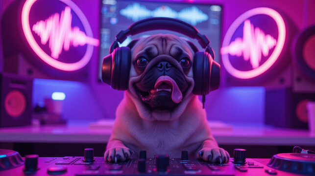 Playful pug dog wearing headphones at DJ setup with colorful lights