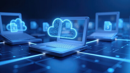 Digital cloud computing concept with laptops and data storage icons