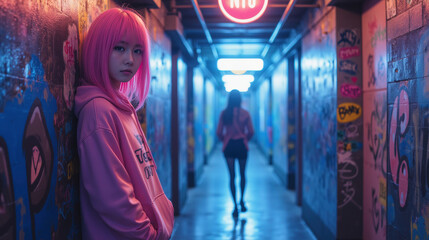 Fototapeta premium young woman with pink hair stands in graffiti covered hallway, exuding cool vibe. neon lights create vibrant atmosphere