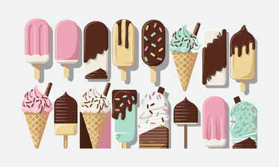 A modern vector-style illustration of various ice creams, including popsicles, chocolate-coated bars, and waffle cones with different flavors, easily editable