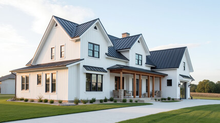 Modern farmhouse with sleek design, featuring metal roof and spacious porch. exterior showcases white siding and large windows, creating welcoming