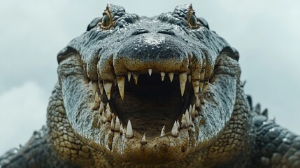 Obraz premium Grit-covered grin of a crocodile, revealing gleaming teeth amid earthy grime; an intense, primal allure in every textured detail