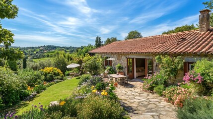 Fototapeta premium Cozy countryside villa with red roof and lush garden in summer 