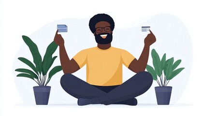 Happy Man Holding Credit Cards in a Relaxed Indoor Setting