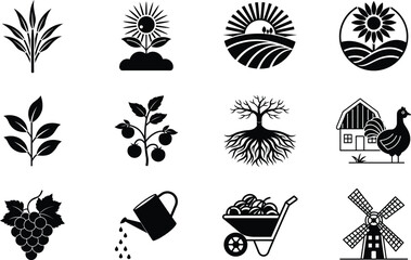 Farm Icons Agriculture, Nature, Crops, Harvest, Rural, Plants, Sun, Growth, Farming, Symbols