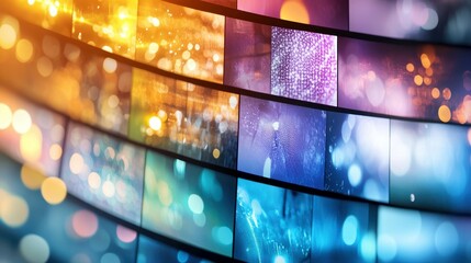 Visual Symphony: A captivating arrangement of screens displays a mesmerizing kaleidoscope of vibrant colors and abstract patterns, evoking a sense of innovation and technology.