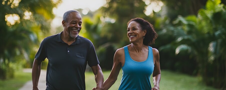Happy senior couple walking together outdoors enjoying healthy lifestyle