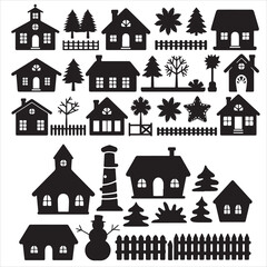 set of vector Christmas village silhouette	
