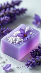 Luxurious lavender soap, fresh flowers, sea salt , dark background, detail