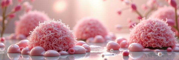 Pink dessert delights on elegant display with floral accents and soft lighting