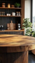 Warm sunlight cascades over a smooth, round wood tabletop in a stylish kitchen. The minimalist decor and lush greenery create an inviting atmosphere perfect for morning gatherings