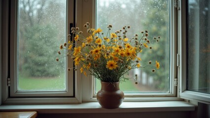 Vibrant yellow daisies in clay vase by rainy window