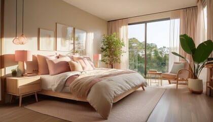 cozy bedroom with pastel accents plush bedding and warm natural light pouring in through large windows exuding comfort and relaxation