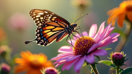 Obraz premium Vibrant monarch butterfly on pink flower in sunlit garden