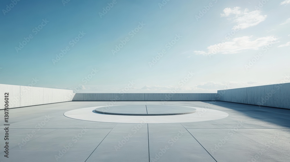 Poster modern minimalist rooftop setting with circular platform under clear blue sky and soft white clouds 