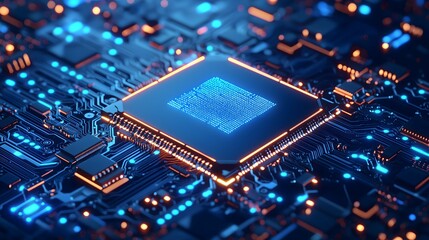 Fototapeta premium Detailed close-up of a futuristic glowing circuit board with a central processor unit