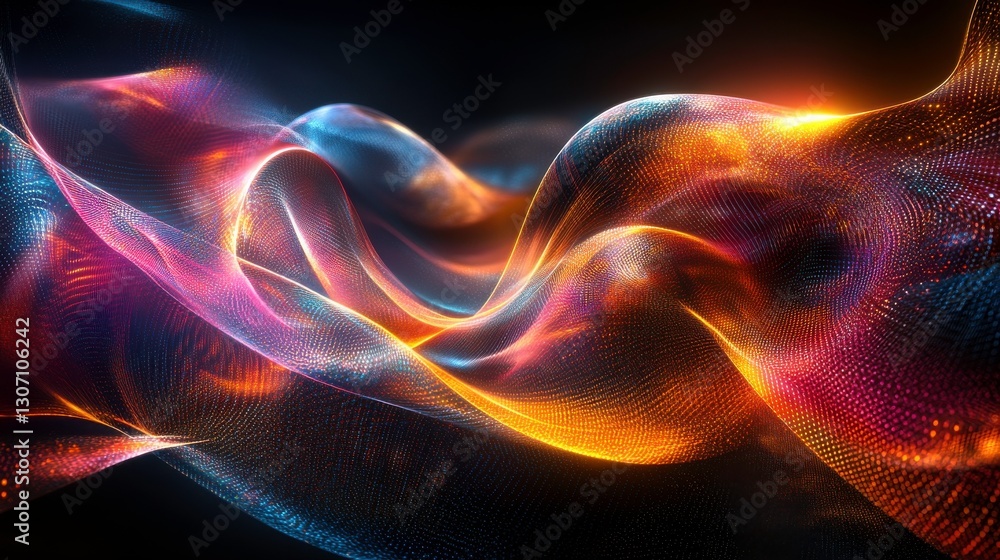 Poster a vibrant abstract composition of flowing waves, illuminated with colorful light and intricate patte