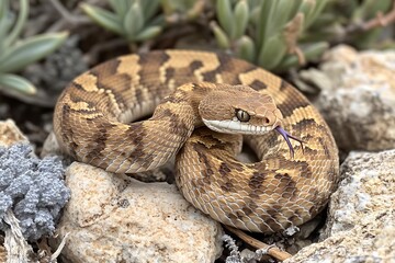 Obraz premium Rattlesnake curls on rocks in arid habitat