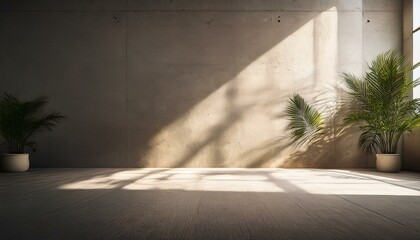 sunlit concrete room plants shadows backdrop