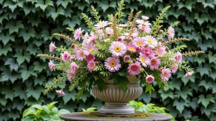 Obraz premium Elegant pink daisies arrangement in ornate vase surrounded by lush greenery
