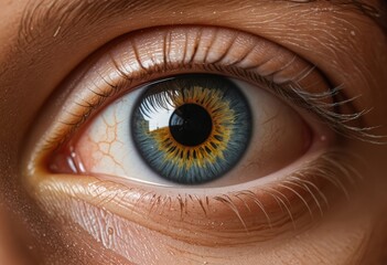 A close-up image of a person's eye, focusing on the blue iris with a sunflower-like design, is captured from the side, revealing the eyelashes and eyebrows