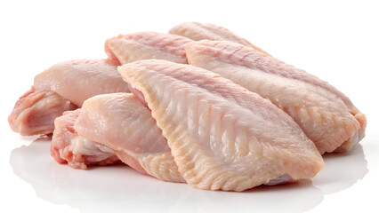 Raw chicken wings, isolated on a white background, showcasing their fresh texture and natural pinkish hue.