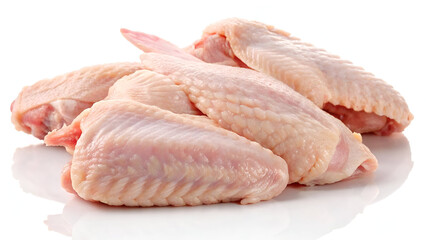 Raw chicken wings, isolated on a white background, showcasing their fresh texture and natural pinkish hue.