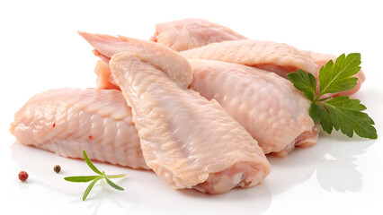 Raw chicken wings, isolated on a white background, showcasing their fresh texture and natural pinkish hue.