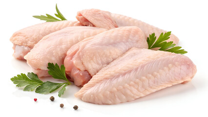 Raw chicken wings, isolated on a white background, showcasing their fresh texture and natural pinkish hue.