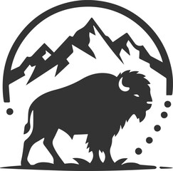 Buffalo standing in front of a mountain range animal vector silhouette
