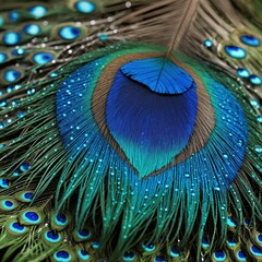 A close-up image of a peacock feather with a vibrant blue and green color scheme, featuring small blue dots and a larger blue circle, is captured from a slightly above and to the side perspective