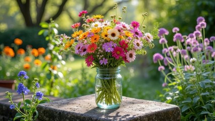 Colorful wildflower bouquet in a jar on stone table in sunlit garden