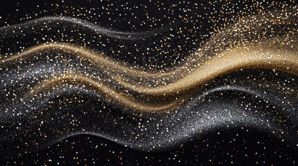 Abstract gold and silver glitter waves on black background