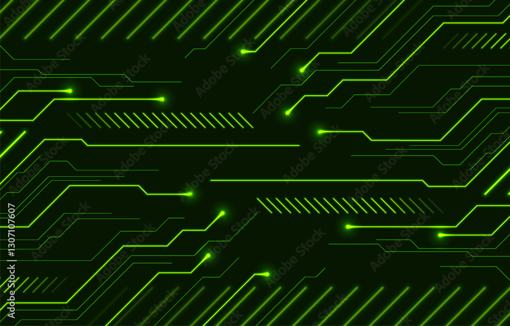 Poster Abstract green neon technology background with circuit board lines. Futuristic computer chip vector design