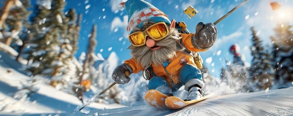 Adventurous Gnome Skier Hits the Slopes in a Winter Wonderland Scene