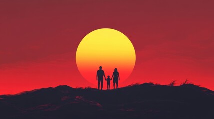 Fototapeta premium Silhouette of a Family at Sunset with a Large Sun Against a Colorful Sky, Symbolizing Love, Togetherness, and Family Bonding in Nature