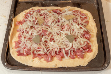 Sliced ​​raw meat, chopped onion and bay leaf on rolled out dough. Making a meat pie