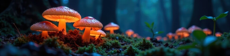 Ethereal glow-in-the-dark fungi illuminate ancient forest floor, glowing mushrooms, image, caps