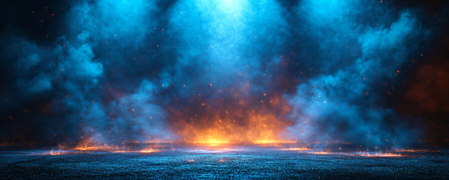 Dynamic blue light beams cutting through mist on dark asphalt floor, abstract nightclub scene for DJ event visuals or luxury brand launch backgrounds. Ultra-modern minimalism with glowing neon accents