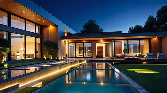 Modern Luxury Villa with Large Glass Windows, Elegant Outdoor Lighting, and a Beautiful Swimming Pool in a Serene Night Setting

