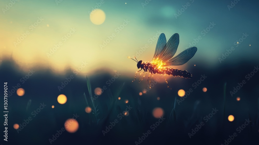 Poster enchanting firefly illuminating a soft twilight landscape with glowing particles and ethereal backgr