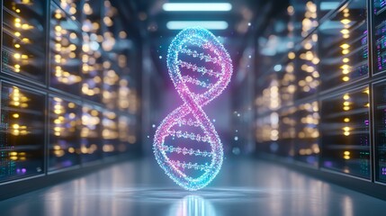 Futuristic DNA model in a data center.