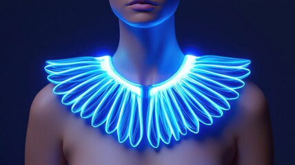 A 3D-printed fashion accessory that floats holographically around the wearer, glowing soft blue light, Sci-Fi, Illustration. , closes up