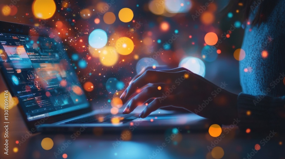 Poster hands typing on a laptop keyboard late at night, immersed in a bokeh lit environment with a digital 