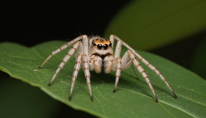 Naklejka premium A close-up image of a spider with orange and black stripes, facing the camera and resting on a green leaf, is set against a dark background,