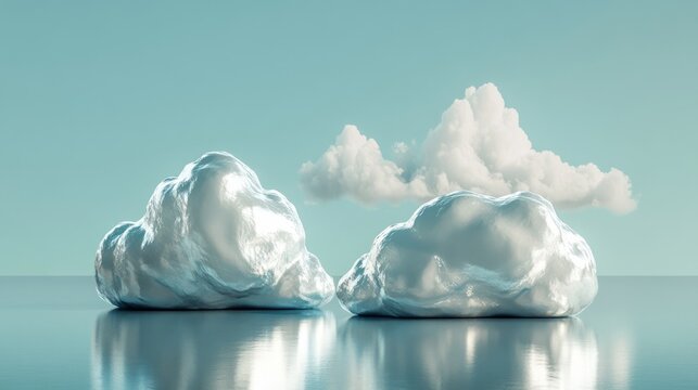 Cool ice blue and silver clouds, sleek and minimalistic with soft shadows and glossy texture