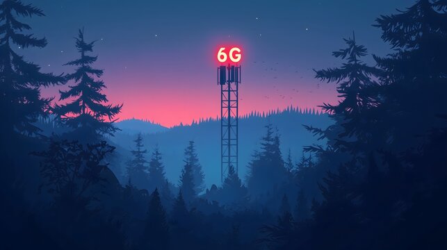 6G tower in a forest at dusk - Powered by Adobe