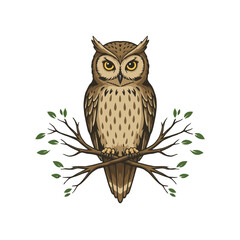 Detailed Owl Illustration Perched on a Branch with Green Leaves