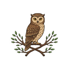 Illustration of a Brown Owl Perched on a Branch with Green Leaves