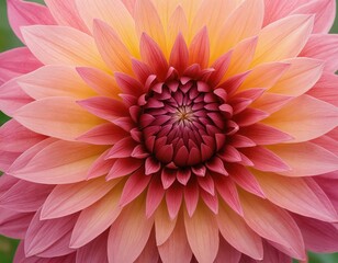 A large, vibrant pink and yellow dahlia flower with a central yellow center is the focal point of the image, surrounded by smaller pink and yellow petals, set against a blurred green background